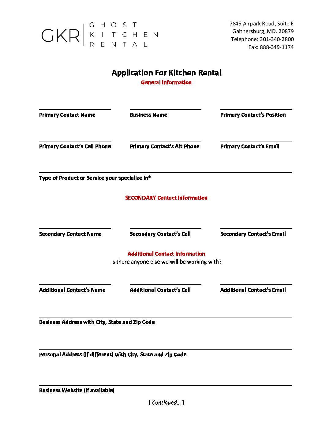 Application For Kitchen Rental - Ghost Kitchen Rental